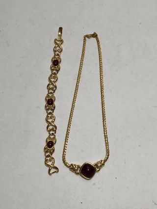 Signed Trifari Vintage 1980s Gold Tone Chain Necklace & Bracelet Ruby Red Glass