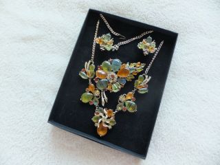 Vintage Costume Jewelry Exquisite Glass Cab Necklace,  Brooch & Earrings Set