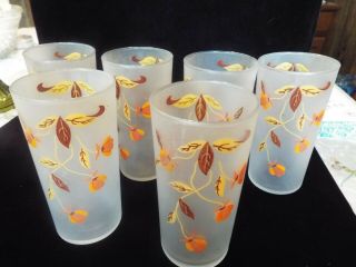 Set Of 6 Hall Jewel Tea Autumn Leaf Frosted Drinking Glasses Tumbler Vintage