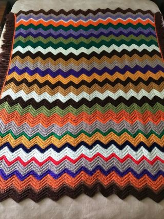 Vintage Crochet Afghan Lap Throw Blanket Handmade Chevron 70s Colors 54 " X 59 "