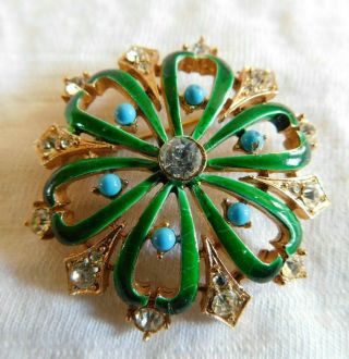 Vintage Green Enamel And Clear Rhinestones Brooch Pin Unique Well Made 1 1/2 "