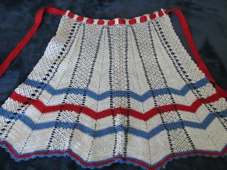 Vintage Crochet Apron - Red White Blue Zig Zag Pattern - Red Ribbon Tie