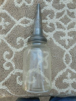 Vintage 1 Quart Glass Motor Oil Bottle With Metal Spout