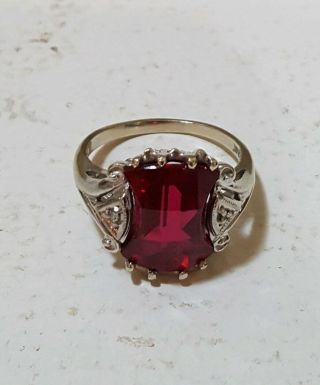 Vintage Faceted Ruby Sterling Silver (?) White Gold (?) Ring W 2 Diamond Chips
