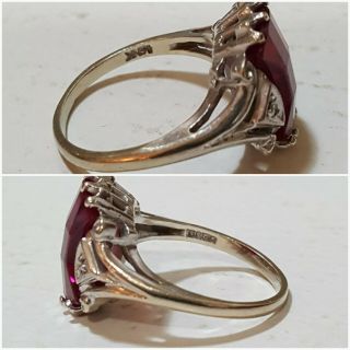 Vintage Faceted Ruby Sterling Silver (?) White Gold (?) Ring w 2 Diamond Chips 3