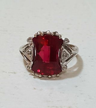 Vintage Faceted Ruby Sterling Silver (?) White Gold (?) Ring w 2 Diamond Chips 5
