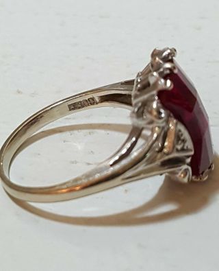 Vintage Faceted Ruby Sterling Silver (?) White Gold (?) Ring w 2 Diamond Chips 7
