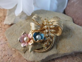 Vintage Gold - Tone Delicate Pink & Blue Flower Seed Pearl Leaf Brooch Pin 460