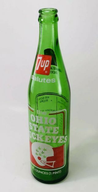Vintage 7up Soda Pop Glass Bottle,  Ohio State Buckeyes,  16 Oz Souvenir,  1973