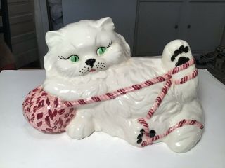 Vintage Large White Ceramic Persian Cat Statue 1983 Green Eyes,  Pink Tonque.