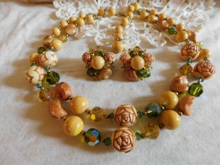 Vintage Floral Beads And Ab Crystals Bib Necklace And Cluster Earrings Set