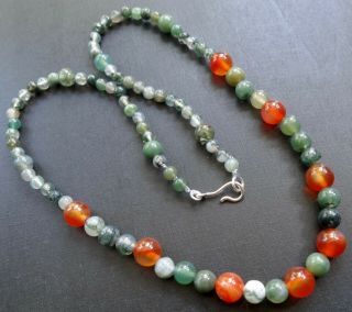 Vintage Sterling Silver Carnelian Green Moss Agate Stone Bead Necklace - A445