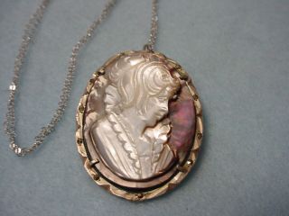 Vintage Cameo Mother Of Pearl - Abalone - 800 - Pendant/brooch - Sterling Chain