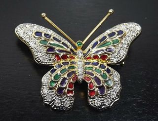 Vintage Gold Tone Enamel Rhinestone Multi Color Butterfly Pin Brooch