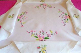 Exquisite Vintage Hand Embroidered Irish Linen Tablecloth Apple Blossom