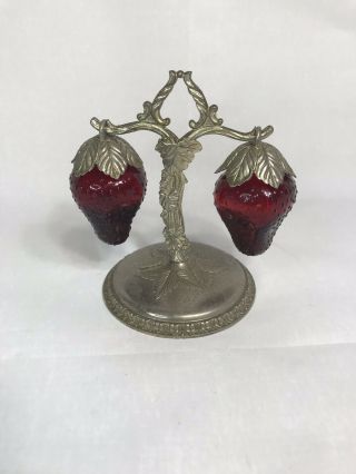 Vintage Strawberry Glass Salt & Pepper Shakers With Metal Holder Made In Japan
