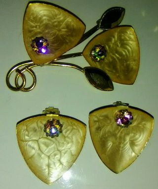 Vintage Triangle Brooch And Earring Set With Stone