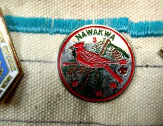 Vintage Oa Lodge 3 Pin Nawakwa Boy Scout,  V.  Early,  Red Bdr,  Va Virginia,  Round
