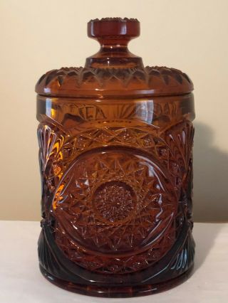 Vintage Cut Glass Imperial Amber Cookie Jar With Hobstar Finial Knob Handle Lid