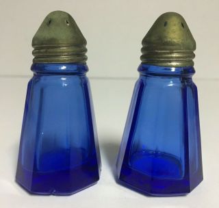 Vintage Hazel Atlas Cobalt Blue 8 Sided Octagon Salt & Pepper Shakers 2 3/4 "