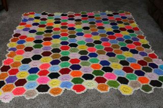Vintage Granny Square Octagon Colorful Afghan Crochet Handmade Blanket 77 " X 68 "
