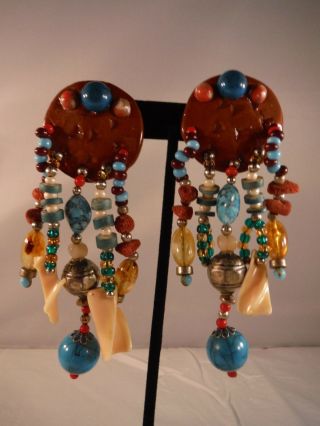 Vintage Dangle Earrings Coral Clay Glass And Plastic Beads Turquoise Box G