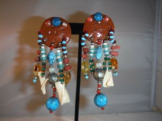 VINTAGE DANGLE EARRINGS CORAL CLAY GLASS AND PLASTIC BEADS TURQUOISE BOX G 2