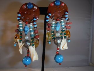 VINTAGE DANGLE EARRINGS CORAL CLAY GLASS AND PLASTIC BEADS TURQUOISE BOX G 3