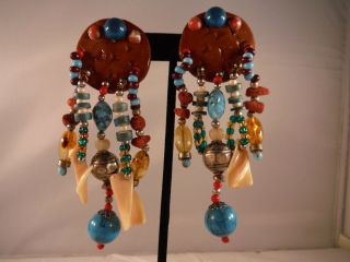 VINTAGE DANGLE EARRINGS CORAL CLAY GLASS AND PLASTIC BEADS TURQUOISE BOX G 4