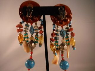 VINTAGE DANGLE EARRINGS CORAL CLAY GLASS AND PLASTIC BEADS TURQUOISE BOX G 5