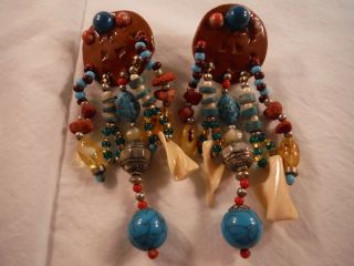 VINTAGE DANGLE EARRINGS CORAL CLAY GLASS AND PLASTIC BEADS TURQUOISE BOX G 6