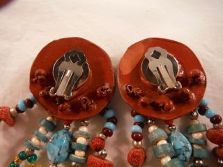 VINTAGE DANGLE EARRINGS CORAL CLAY GLASS AND PLASTIC BEADS TURQUOISE BOX G 8