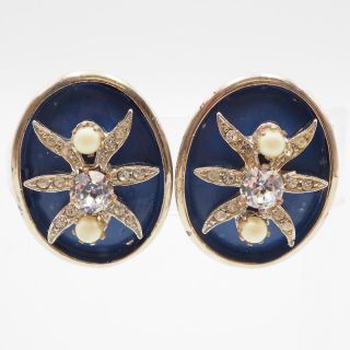 Old Vintage Carnegie Blue Enamel Crystal Rhinestone Faux Pearl Clip On Earrings