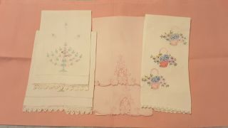 Estate Find Embroidered Hand Towels Dresser Scarf PINK Vintage. 3