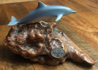 Vintage John Perry Blue Dolphin Resin & Burl Wood Sculpture