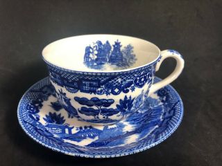 Vintage Blue Willow Tea Cup And Saucer Set Dark Blue 1z