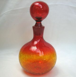 Vintage Blenko Tangerine Amberina Crackle Glass Decanter W/solid Bubble Stopper