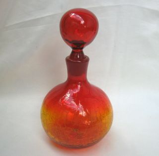 Vintage Blenko Tangerine Amberina Crackle Glass Decanter w/Solid Bubble Stopper 2