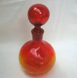 Vintage Blenko Tangerine Amberina Crackle Glass Decanter w/Solid Bubble Stopper 3