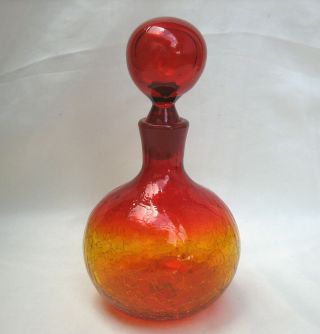 Vintage Blenko Tangerine Amberina Crackle Glass Decanter w/Solid Bubble Stopper 4