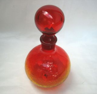 Vintage Blenko Tangerine Amberina Crackle Glass Decanter w/Solid Bubble Stopper 5