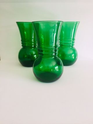 Vintage Anchor Hocking Forest Emerald Green Ribbed Glass Vases.  Set Of 3