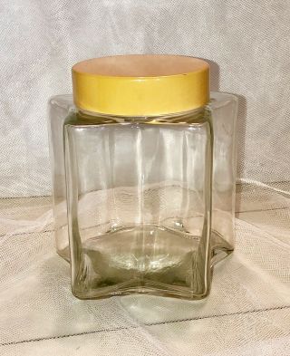 Vintage Star Shaped Glass Canister Candy Storage Jar Gold Yellow Lid 6.  25 X 5.  5”