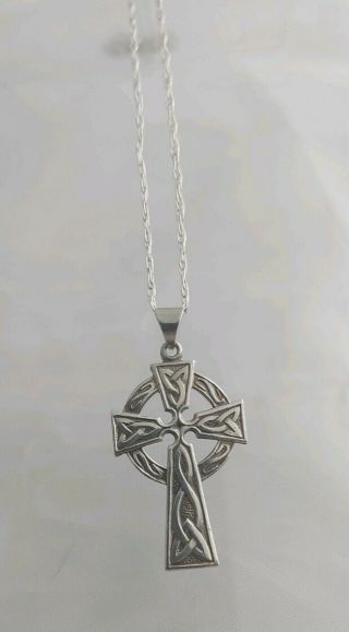 Vintage Sterling Silver Celtic Cross Crucifix Pendant Necklace