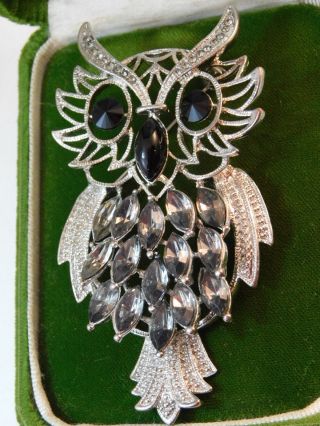 Vintage Huge 3 " Wise Old Owl Bird Rhinestone Silver Brooch Pin 12g 25