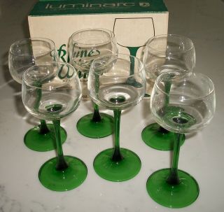 Vtg Set Of 6 Luminarc Jg Durand Green Stem Rhine Wine Glasses Made In France