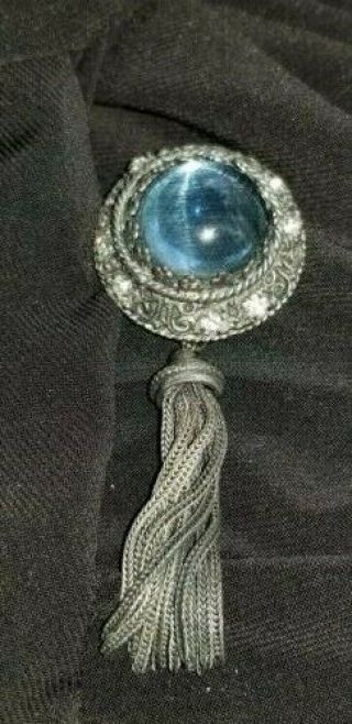Vintage Kramer Of York Brooch Pin Blue Glass With Tassel Brooch