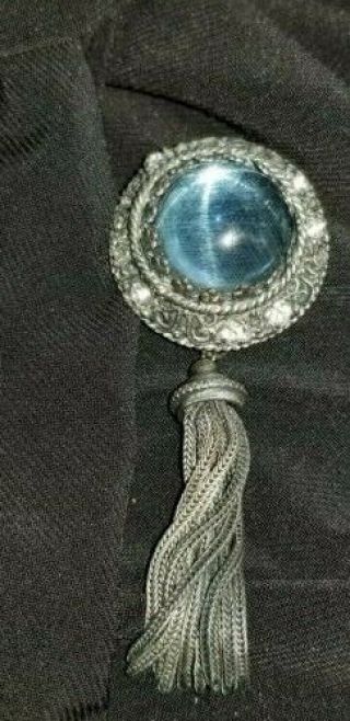 Vintage Kramer of York Brooch Pin Blue Glass with Tassel Brooch 2