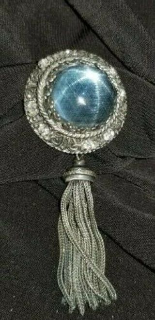 Vintage Kramer of York Brooch Pin Blue Glass with Tassel Brooch 3