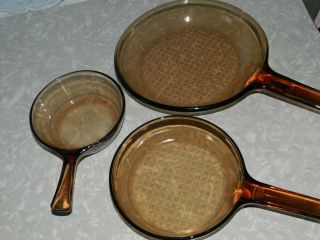 VTG FRANCE CORNING VISION AMBER BROWN GLASS FRYING PAN SET OF 3 WAFFLE 3